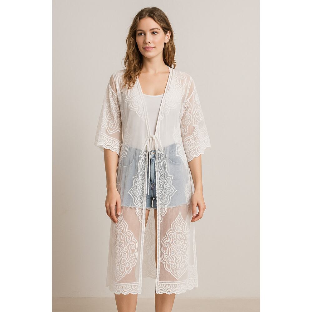 White Sheer Lace Kimono Duster Cardigan Size Small